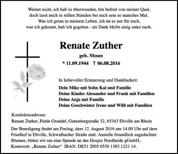 Traueranzeige von Renate Zuther von Trauerportal Rhein Main Presse