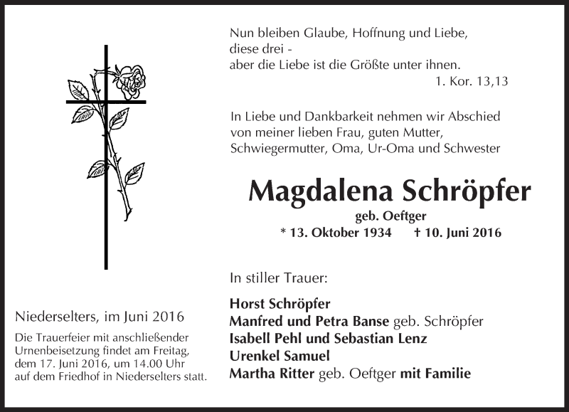  Traueranzeige für Magdalena Schröpfer vom 16.06.2016 aus  Camberger Anzeiger