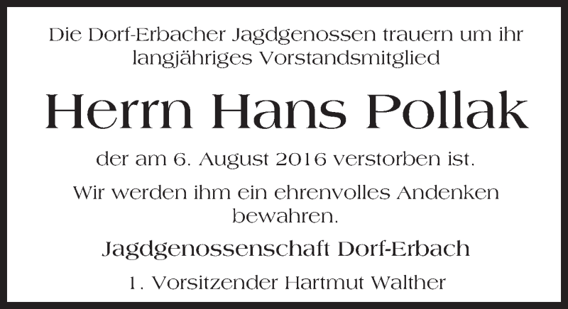  Traueranzeige für Hans Pollak vom 17.08.2016 aus Trauerportal Echo Online