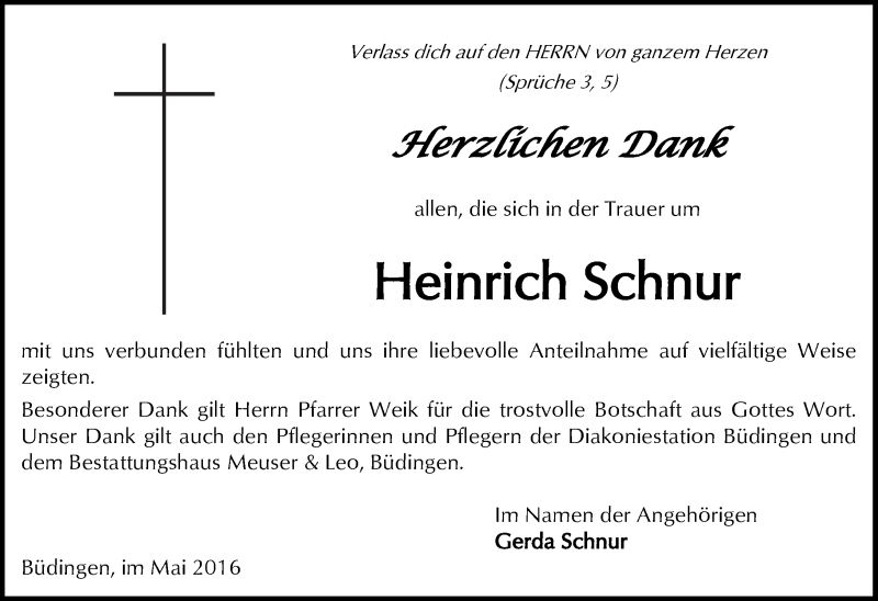  Traueranzeige für Heinrich Schnur vom 28.05.2016 aus  Kreisanzeiger