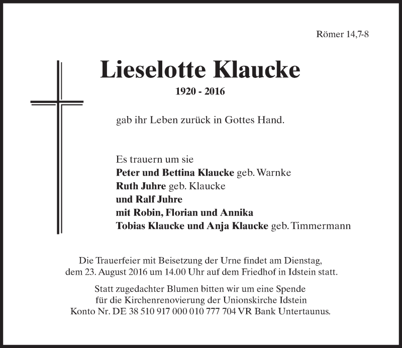  Traueranzeige für Lieselotte Klaucke vom 20.08.2016 aus Trauerportal Rhein Main Presse