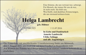 Traueranzeige von Helga Lambrecht von Trauerportal Echo Online