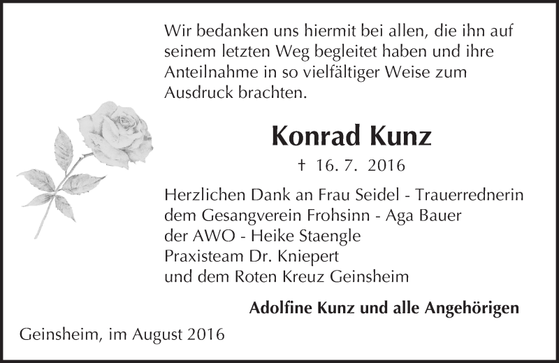  Traueranzeige für Konrad Kunz vom 19.08.2016 aus Trauerportal Echo Online