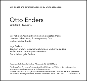 Traueranzeige von Otto Enders von Trauerportal Rhein Main Presse