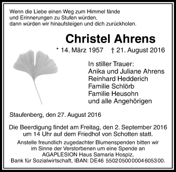Traueranzeige von Christel Ahrens von  Gießener Anzeiger