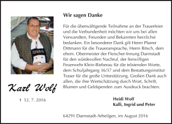 Traueranzeige von Karl Wolf von Trauerportal Echo Online
