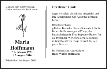 Traueranzeige von Maria Hoffmann von Trauerportal Rhein Main Presse