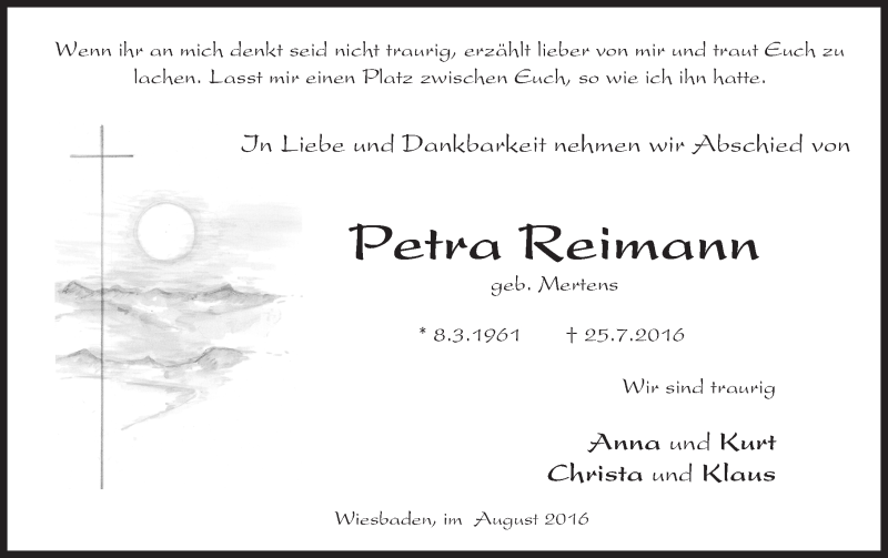  Traueranzeige für Petra Reimann vom 03.08.2016 aus Trauerportal Rhein Main Presse