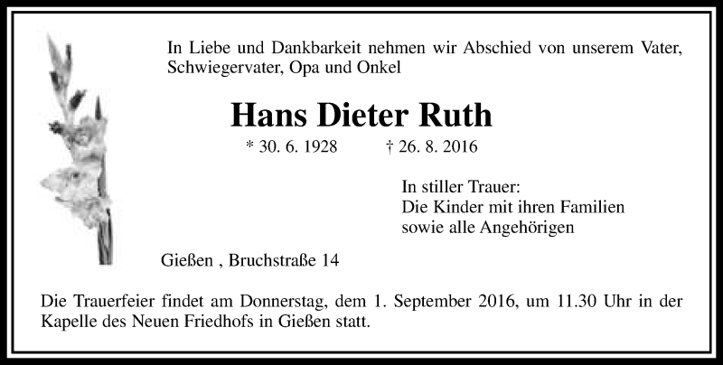  Traueranzeige für Hans Dieter Ruth vom 30.08.2016 aus  Gießener Anzeiger