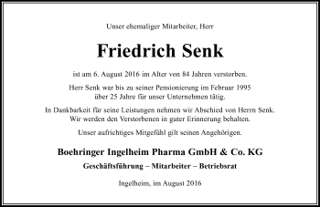 Traueranzeige von Friedrich Senk von Trauerportal Rhein Main Presse