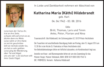 Traueranzeige von Katharina Maria Hildebrandt von Trauerportal Rhein Main Presse