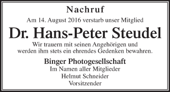 Traueranzeige von Hans-Peter Steudel von Trauerportal Rhein Main Presse