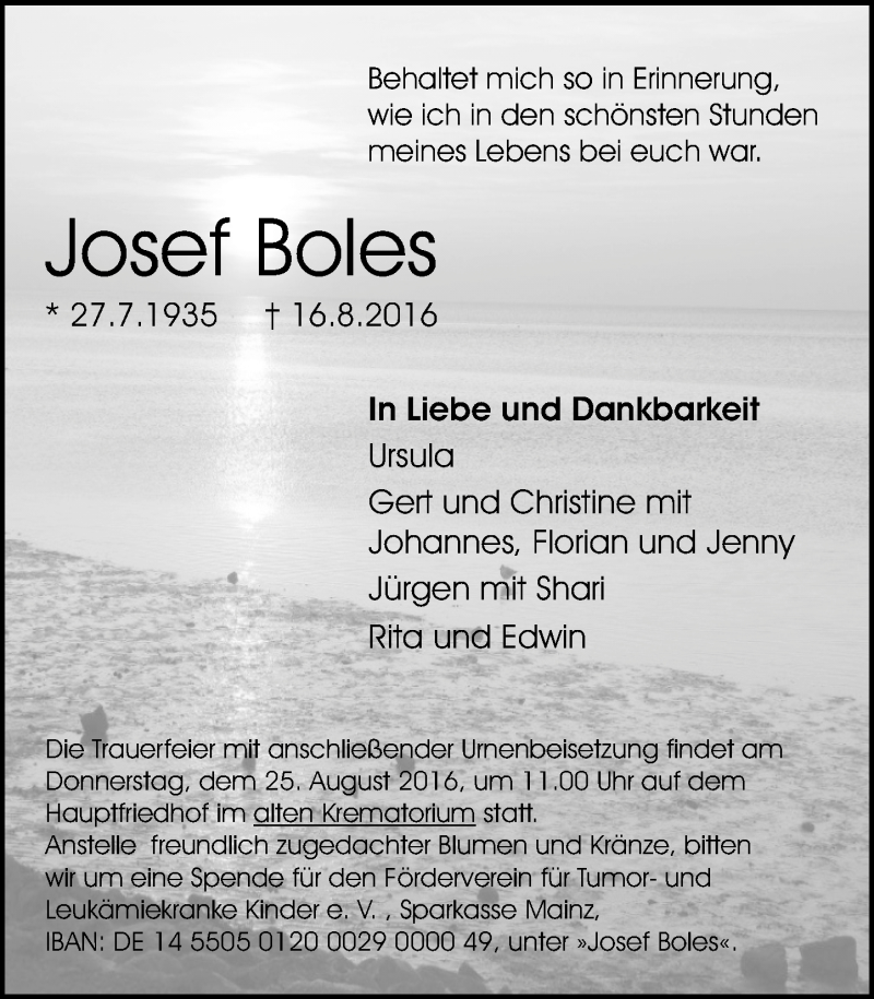  Traueranzeige für Josef Boles vom 20.08.2016 aus Trauerportal Rhein Main Presse