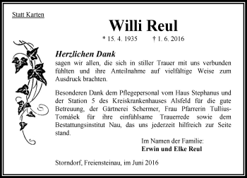 Traueranzeige von Willi Reul von VRM Trauer