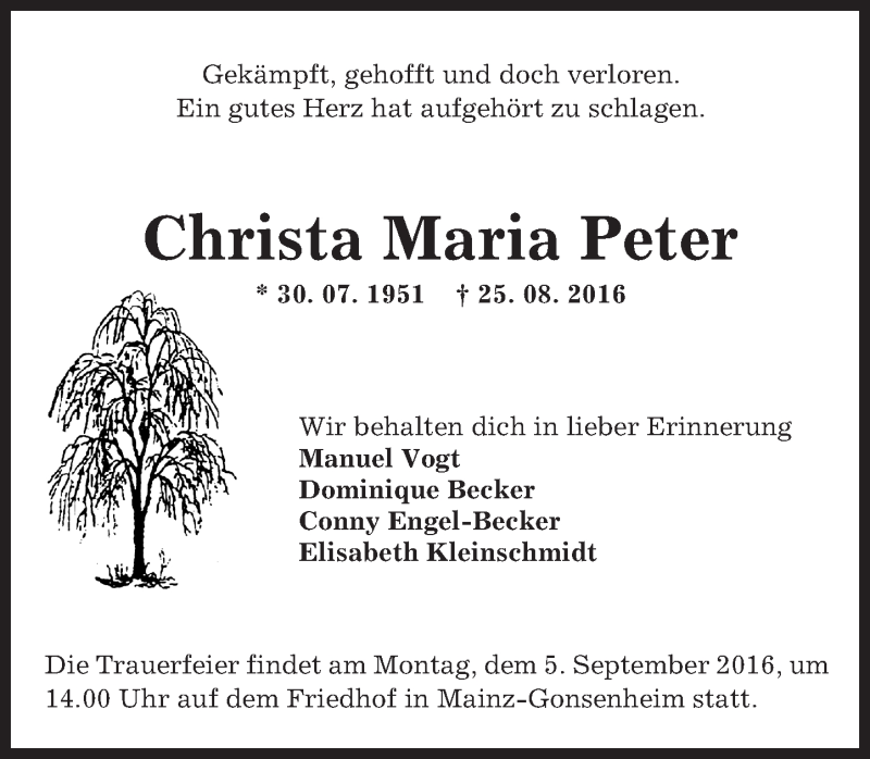  Traueranzeige für Christa Maria Peter vom 27.08.2016 aus Trauerportal Rhein Main Presse