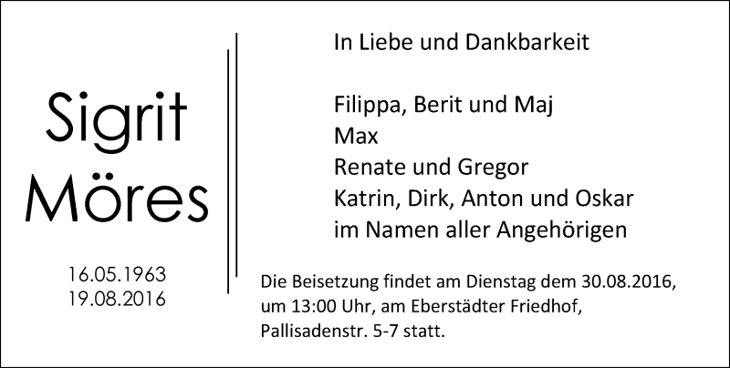  Traueranzeige für Sigrit Möres vom 27.08.2016 aus Trauerportal Echo Online