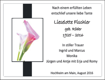 Traueranzeige von Lieselotte Fischler von Trauerportal Rhein Main Presse