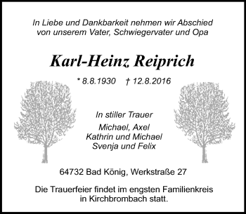 Traueranzeige von Karl-Heinz Reiprich von Trauerportal Echo Online
