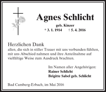 Traueranzeige von Agnes Schlicht von  Camberger Anzeiger