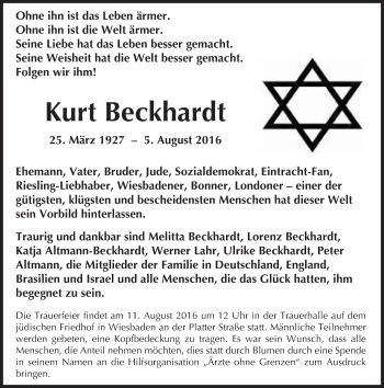 Traueranzeige von Kurt Beckhardt von Trauerportal Rhein Main Presse