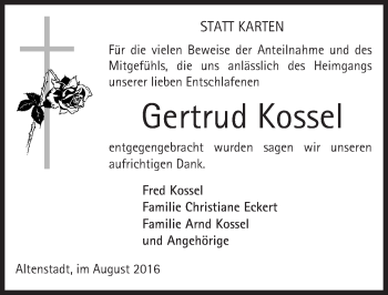 Traueranzeige von Gertrud Kossel von  Sonntags Anzeiger