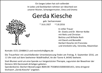 Traueranzeige von Gerda Kiesche von Trauerportal Echo Online