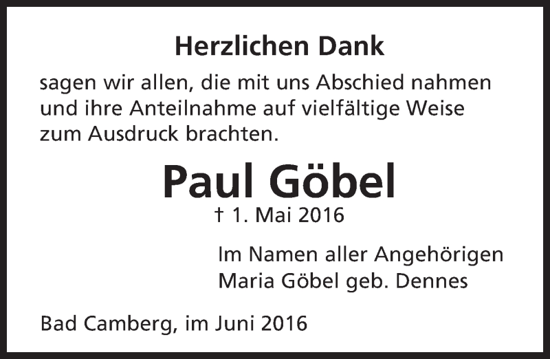  Traueranzeige für Paul Göbel vom 02.06.2016 aus  Camberger Anzeiger