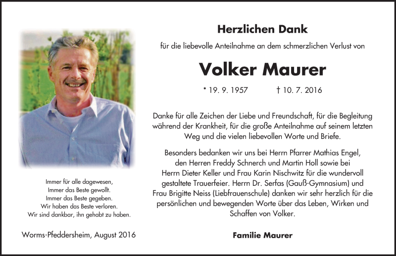  Traueranzeige für Volker Maurer vom 27.08.2016 aus Trauerportal Rhein Main Presse