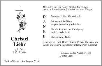 Traueranzeige von Christel Liehr von  Gießener Anzeiger