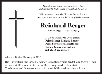 Traueranzeige von Reinhard Berger von  Kreisanzeiger