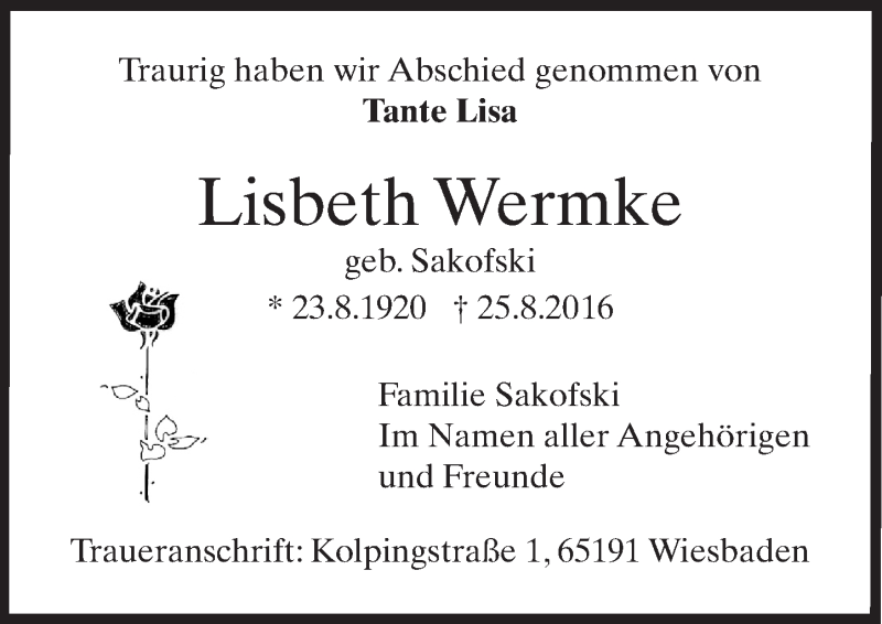  Traueranzeige für Lisbeth Wermke vom 27.08.2016 aus Trauerportal Rhein Main Presse