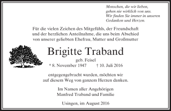 Traueranzeige von Brigitte Traband von  Usinger Anzeiger