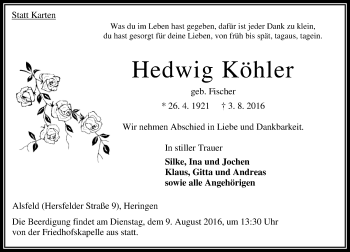 Traueranzeige von Hedwig Köhler von VRM Trauer