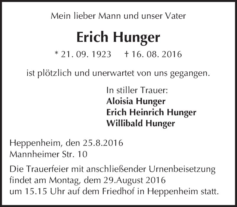  Traueranzeige für Erich Hunger vom 25.08.2016 aus Trauerportal Echo Online