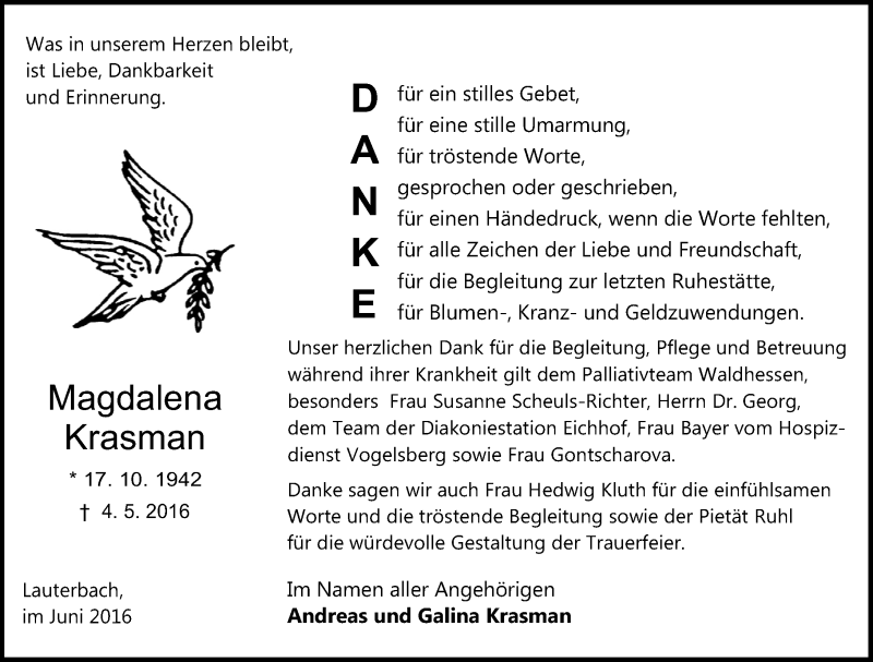  Traueranzeige für Magdalena Krasman vom 18.06.2016 aus VRM Trauer