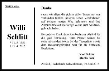 Traueranzeige von Willi Schlitt von VRM Trauer