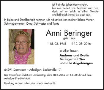 Traueranzeige von Anni Beringer von Trauerportal Echo Online