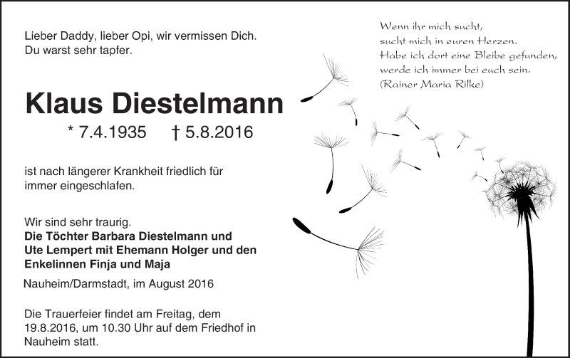  Traueranzeige für Klaus Diestelmann vom 13.08.2016 aus Trauerportal Echo Online