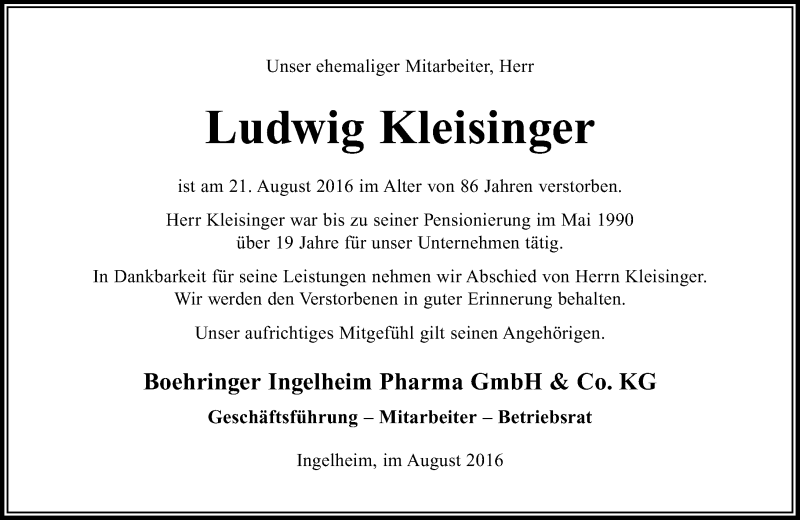  Traueranzeige für Ludwig Kleisinger vom 27.08.2016 aus Trauerportal Rhein Main Presse