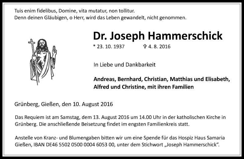  Traueranzeige für Joseph Hammerschick vom 10.08.2016 aus  Gießener Anzeiger