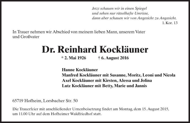  Traueranzeige für Reinhard Kockläuner vom 12.08.2016 aus Trauerportal Rhein Main Presse