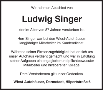 Traueranzeige von Ludwig Singer von Trauerportal Echo Online