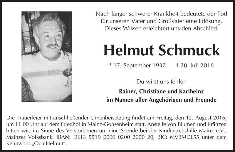  Traueranzeige für Helmut Schmuck vom 06.08.2016 aus Trauerportal Rhein Main Presse