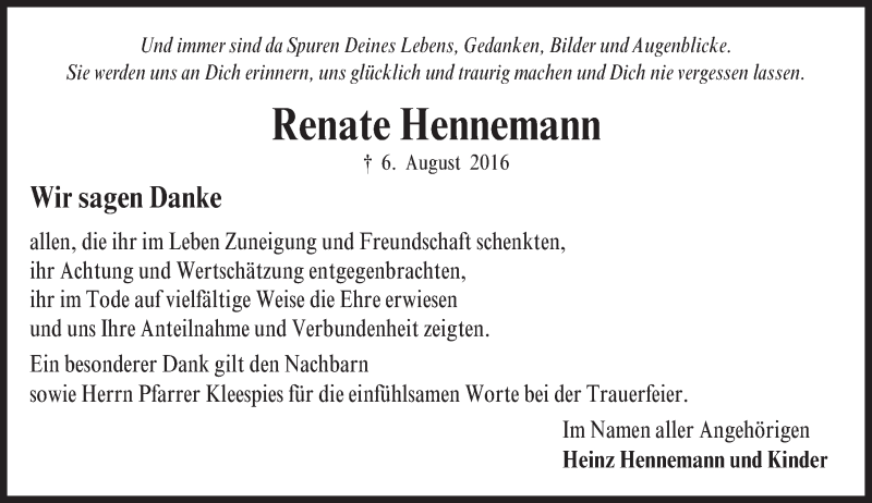  Traueranzeige für Renate Hennemann vom 20.08.2016 aus Trauerportal Echo Online
