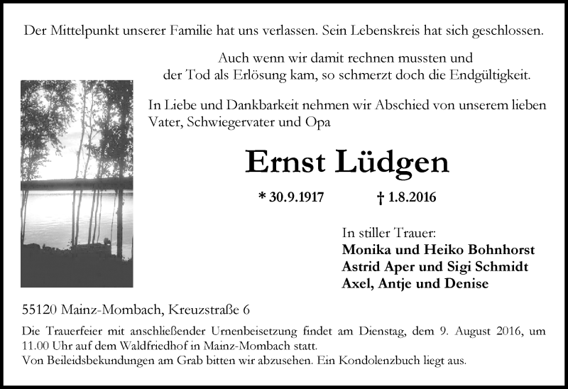  Traueranzeige für Ernst Lüdgen vom 06.08.2016 aus Trauerportal Rhein Main Presse