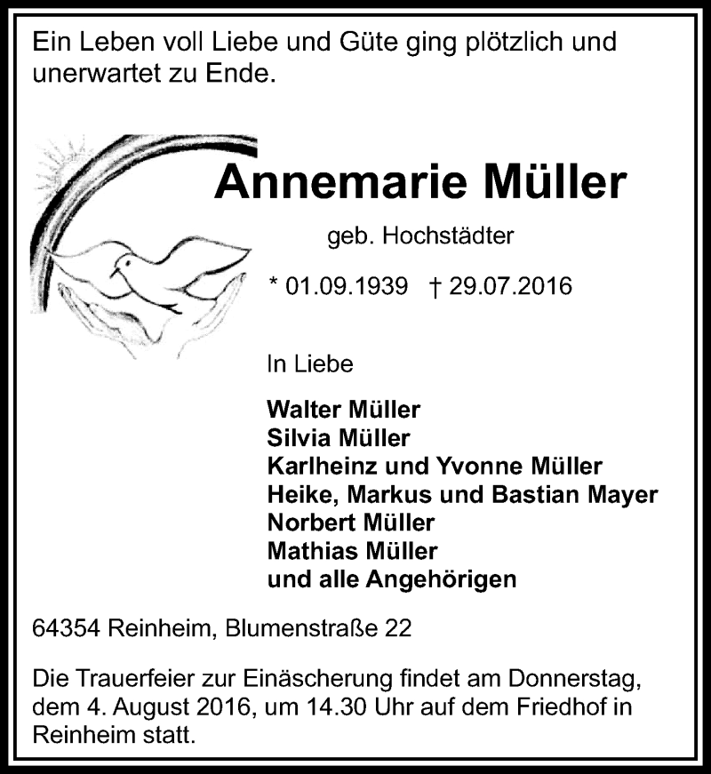  Traueranzeige für Annemarie Müller vom 01.08.2016 aus Trauerportal Echo Online