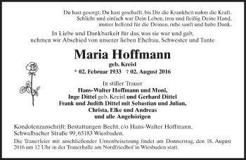 Traueranzeige von Maria Hoffmann von Trauerportal Rhein Main Presse