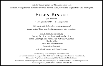 Traueranzeige von Ellen Binger von Trauerportal Rhein Main Presse