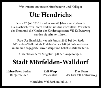 Traueranzeige von Ute Hendrichs von Trauerportal Echo Online