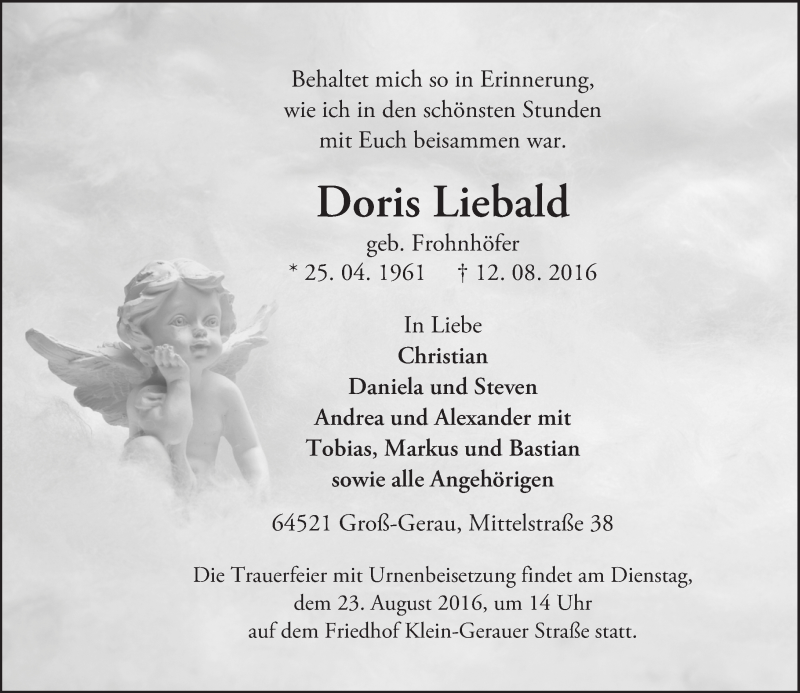  Traueranzeige für Doris Liebald vom 20.08.2016 aus Trauerportal Echo Online